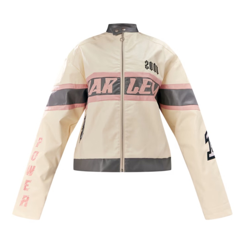Light Pink Faux Leather Oversized Graphic Racer Jacket